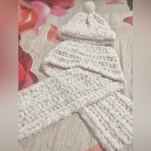 Handmade Crocheted Kids Hat & Scarf Set - Pink and White